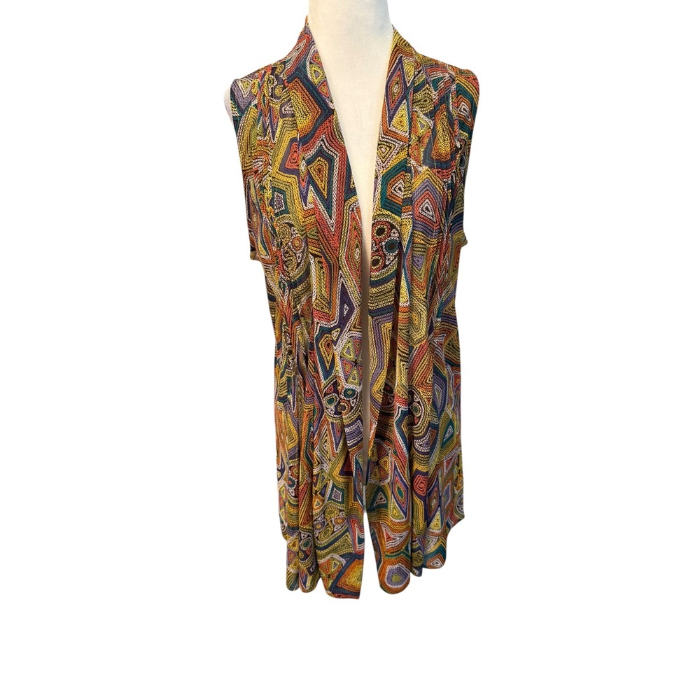 Susan Graver Women Small Multi Geometric Mosaic Print Open Front Mesh Vest SG